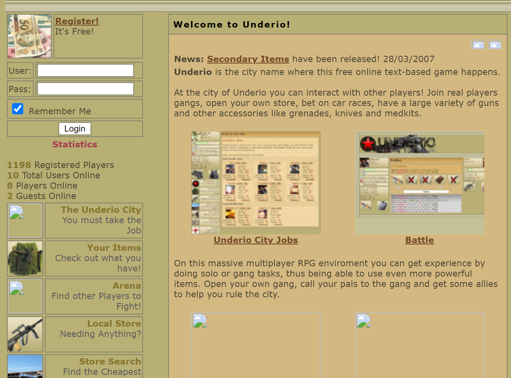 The text-based online RPG I created with over 1000 registered players. Thank you Wayback Machine for this snapshot from April 2007. Unfortunately many of the images, including the logo, don&rsquo;t seem to have made it into Wayback&rsquo;s index.